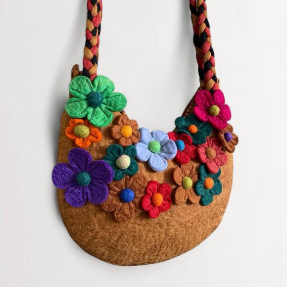 Vintage 100% Wool Handmade Nepalese Shoulder Bag Purse 3D Floral Brown Tan - Picture 3 of 11